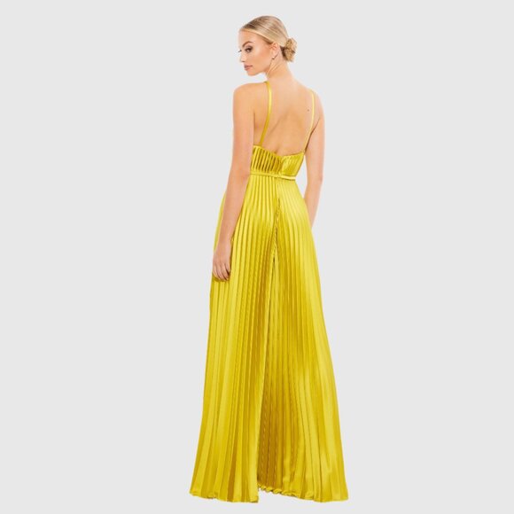 NWT Mac Duggal Pleated Plunge Neck Wide Leg Jumpsuit Chartreuse 6 #8483 - Picture 8 of 11